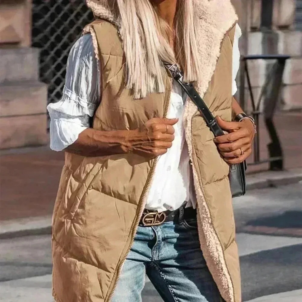Light Camel Casual Women's Reversible Sleeveless Hooded Vest Jacket